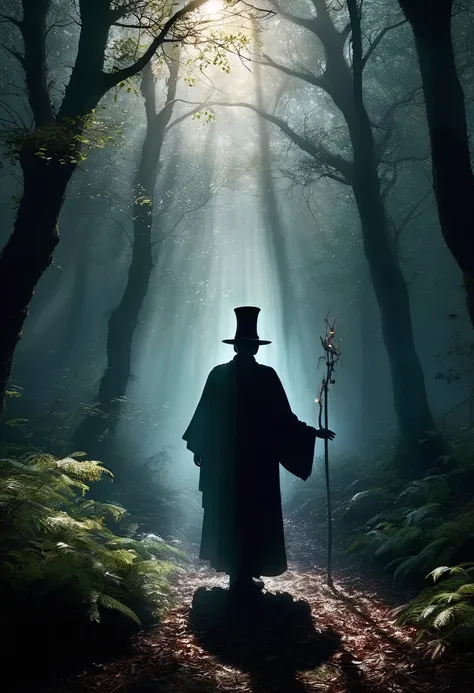 Tyndall effect，dark mysterious forest，dense canopy，light beam，gaps between leaves，Towering trees，dappled shadow，mist，hazy feeling， character，robe，Staff，magician，Faraway fantasy country，imagination，secret