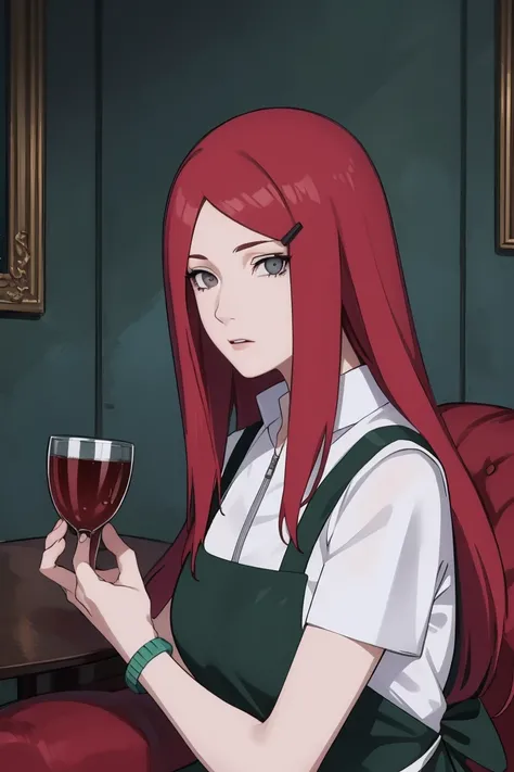 {-erro_de_anatomia:1.0} kushina, kushina, long hair, hair ornament, red hair, red head, hairclip, (grey eyes:1.5), BREAK shirt, dress, jewelry, white shirt, short sleeves, apron, bracelet, green apron, collar, BREAK looking at viewer, upper body, full body...