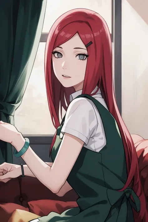 {-erro_de_anatomia:1.0} kushina, kushina, long hair, hair ornament, red hair, red head, hairclip, (grey eyes:1.5), BREAK shirt, dress, jewelry, white shirt, short sleeves, apron, bracelet, green apron, collar, BREAK looking at viewer, upper body, full body...