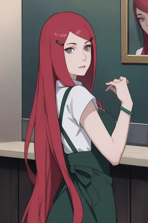 {-erro_de_anatomia:1.0} kushina, kushina, long hair, hair ornament, red hair, red head, hairclip, (grey eyes:1.5), BREAK shirt, dress, jewelry, white shirt, short sleeves, apron, bracelet, green apron, collar, BREAK looking at viewer, upper body, full body...