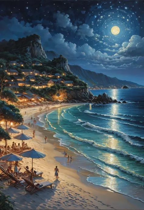 beach, gathering, night, best quality, masterpiece, Representative work, official art, Professional, Ultra intricate detailed, 8k