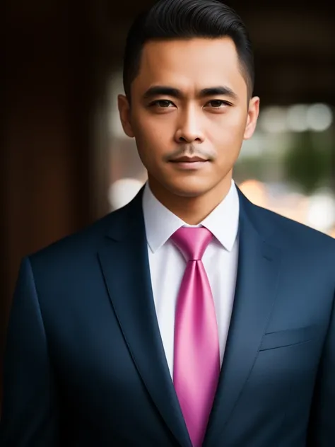 close-up portrait, a man standing with 30 years in suit and tie, body and head straight in the photo, facing the viewer of the p...