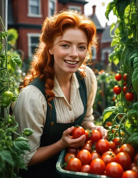 20 yo [Sophia Loren:Maude Adams:0.45] as a beautiful ginger haired Victorian House Work workers, biting ripe juicy tomatoes while tending her vegetables urban garden at her Victorian working class Tiny Apartment backyard, insanely detailed and intricate, b...