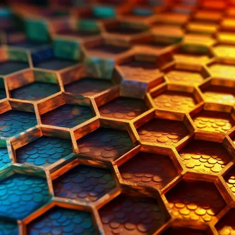 a close up of a colorful hexagon pattern with a blurry background, honeycomb structure, hexagons, hexagonal pattern, honeycomb b...