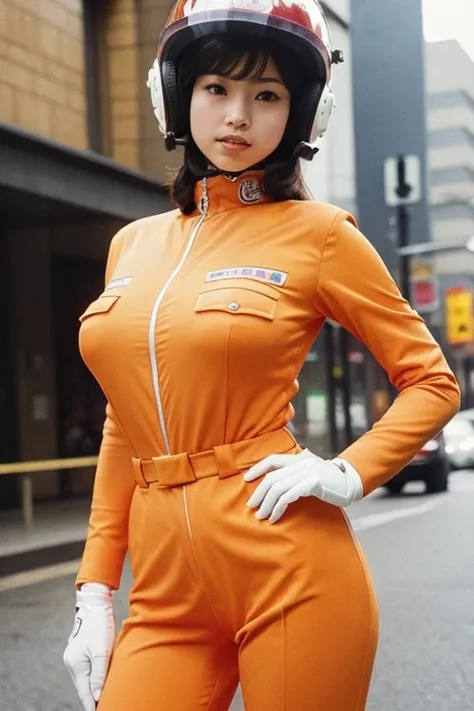 (emijono), 1girl:1.5, masterpiece, best quality, best detail, best proportion, best anatomy, best shaped breasts, big breasts, japanese girl, japanese teen, cute teen, slender girl, hyper realistic, uniform, helmet, posing, lips, blush red, cowboy shot, st...