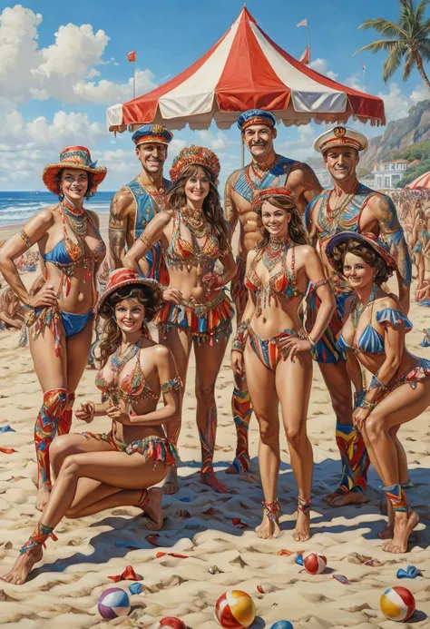 circus troup on beach, best quality, masterpiece, Representative work, official art, Professional, Ultra intricate detailed, 8k