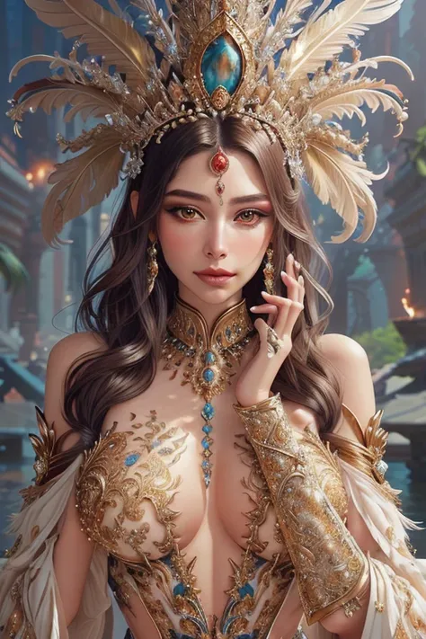 a close up of a woman wearing a gold costume and feathers, karol bak uhd, extremely detailed goddess shot, beautiful goddess, style of karol bak, fantasy outfit, intricate outfit, karol bak and peter mohrbacher, beautiful detailed body and face, beautiful ...