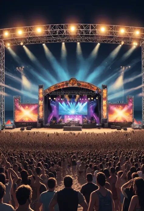 Beach Music Festival, Stage, Spotlight, Band, (best quality, masterpiece, Representative work, official art, Professional, Ultra intricate detailed, 8k:1.3)