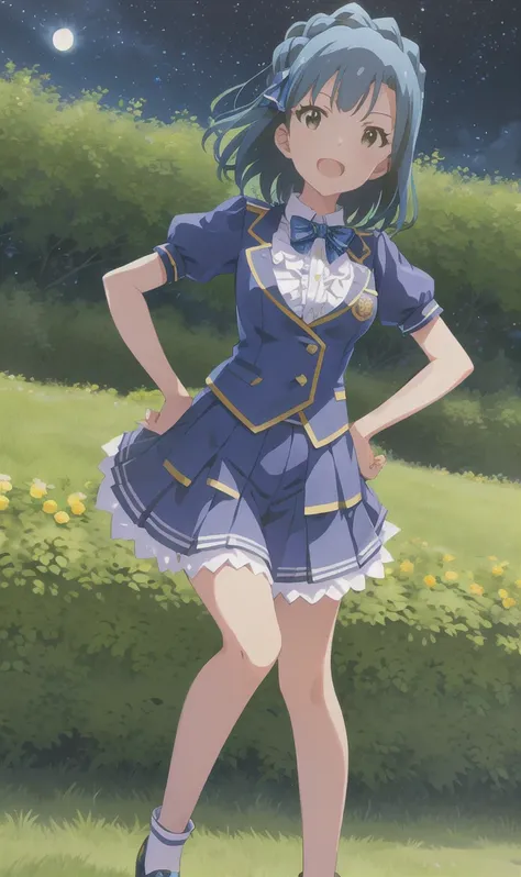 yuriko nanao (million live). Short stature. white t-shirts. suspenders.Skirt.(((masutepiece))).(((Best quality))).)((Ultra-detailed))).(((Illustration))). (((Put your hands on your hips))).(((Night view))).make a fist.up chest.Look at viewers.