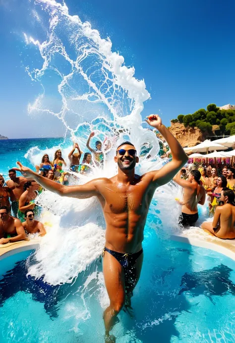 beach /beach party/beach party.pool party, at a beach party in ibiza, splash room, big splash, summer swimming , waves, beach, y...