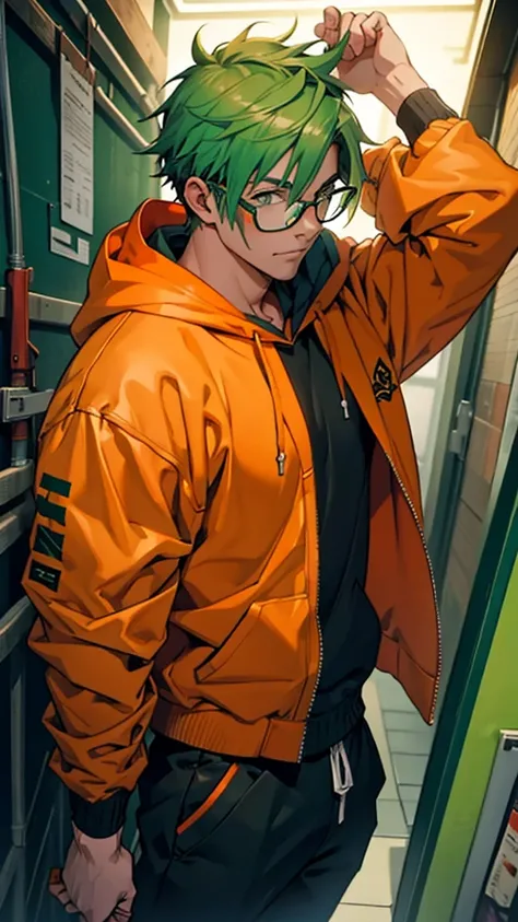 green hair, bespectacled, male, one person, Orange Hoodie, orange jacket, fantasy, bow, archery, anime, UHD, 8k
