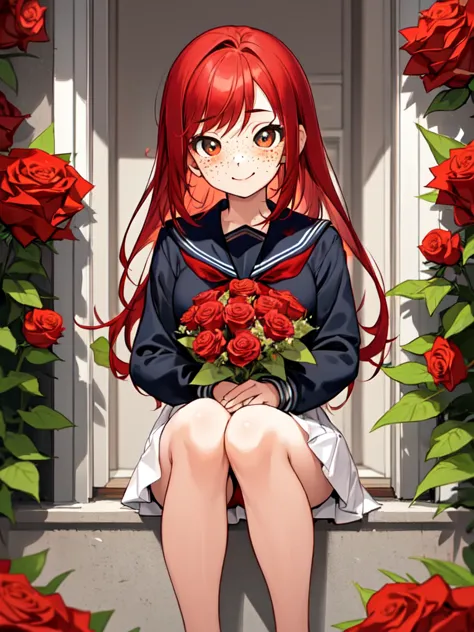 young girl(red hair, freckles, serafuku, big eyes,),she is holding a bouquet of red roses, happy, shy