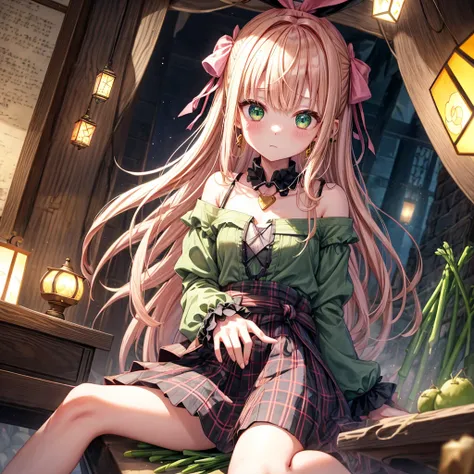 pink blonde、green eyes、one good looking girl、solo、anime、plaid mini skirt、the skirt has buttons、black camisole、black t-shirt、dress、wearing a ribbon、ribbon at waist、cloak、hood、clouds are swirling、stone slabs are piled up、raising one hand、crystal earrings、veg...