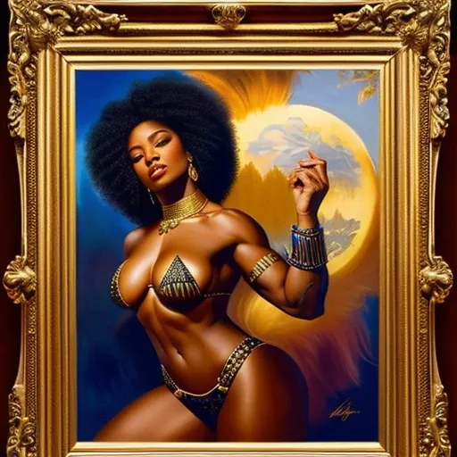 ultra-detailed, high ((best quality)), ((art)), majestic and intricately detailed smooth oil painting (beautiful woman,Nigerian, 1 arena fighting with a lion,muscular body, graceful,sensuality, orgasm, eroticism,tattoos afro all over the body, refined and ...