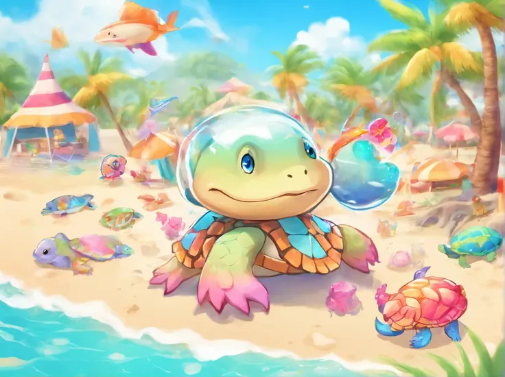 deformed anime style, best quality, turtles, crabs, hermit crabs, and small sharks gathering on a private beach to have a , sparkling sea, white sand beach, pastel color, vivid color, motion-blur, action-lines, speed-lines