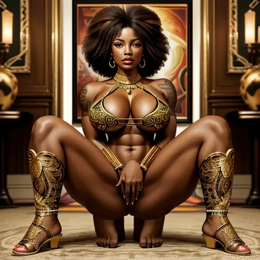 ultra-detailed, high ((best quality)), ((art)), majestic and intricately detailed smooth oil painting (beautiful woman,Nigerian, muscular body, full body afro tattoos, graceful,sensuality, orgasm, eroticism, 1 arena fighting with a lion, refined and elegan...