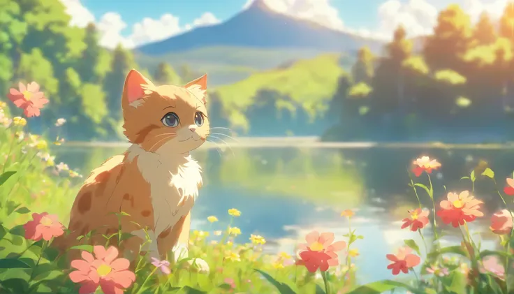 cute kitten sitting near the lake among flowers, lake in the field, sunny summer landscape, mountains in the background 