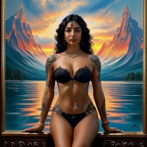 ultra-detailed, high ((best quality)), ((art)), majestic and intricately detailed smooth oil painting (beautiful black, Indian woman, muscular body, Afro full body tattoos, in a lake), exquisite and elegant, cubism style, Salvador Dali style -ar 9:16 - v6