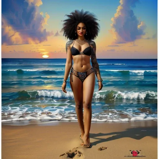 ultra-detailed, high ((best quality)), ((art)), majestic and intricately detailed smooth oil painting (beautiful black, Indian woman, muscular body, full body Afro tattoos, on a beach), exquisite and elegant, cubism style, Salvador Dali style -ar 9:16 - v6