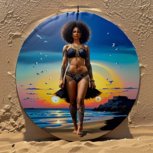 ultra-detailed, high ((best quality)), ((art)), majestic and intricately detailed smooth oil painting (beautiful black, Indian woman, muscular body, full body Afro tattoos, on a beach), exquisite and elegant, cubism style, Salvador Dali style -ar 9:16 - v6