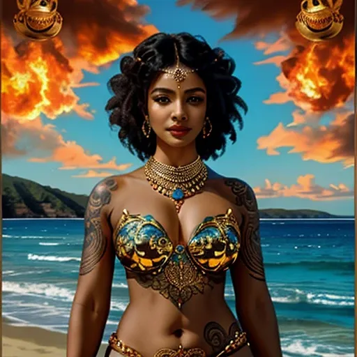 ultra-detailed, high ((best quality)), ((art)), majestic and intricately detailed smooth oil painting (beautiful black, Indian woman, muscular body, fine features, shapely face, afro tattoos all over the body, Goddess of Beautifully adorned fire, on a beac...