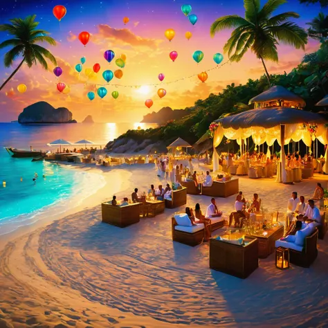 ((Night, under the stars))，A luxurious and joyous beach under the sky, where the golden sands meet the azure sea. The scene is set with opulent decorations, shimmering lights, and vibrant balloons. Guests are seen enjoying themselves, with some lounging in...