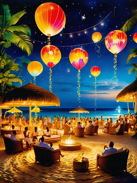 ((Night, under the stars))，A luxurious and joyous beach under the sky, where the golden sands meet the azure sea. The scene is set with opulent decorations, shimmering lights, and vibrant balloons. Guests are seen enjoying themselves, with some lounging in...