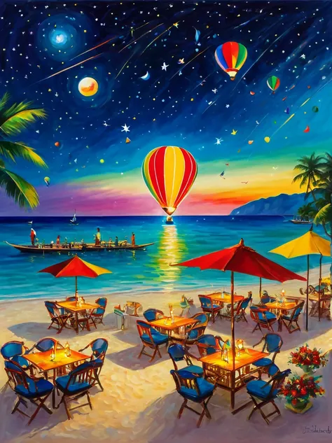 starry sky，late night，luxurious, Haitian Beach , Soft white sand, Velvet carpet, Exquisite dining table, Delicious food, Crystal cups, Champagne, Huafu, Handsome men and beautiful women, hot air balloon, colorful, fountain, water column, rainbow, model, sw...