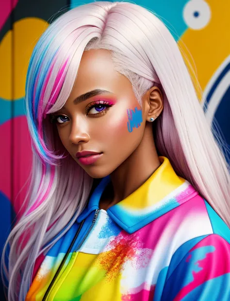 Graffiti painting, street art, 16k extremely detailed CG unit wallpaper, 16k landscape, artwork, masterpiece, best quality, amazing light strokes, of an African American woman with platinum hair in graffiti style on a white wall with vibrant colors.