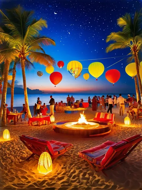  ((Night, under the stars:1.5))，A luxurious and joyous beach under the sky, where the golden sands meet the azure sea. The scene is set with opulent decorations, shimmering lights, and vibrant balloons. Guests are seen enjoying themselves, with some loungi...