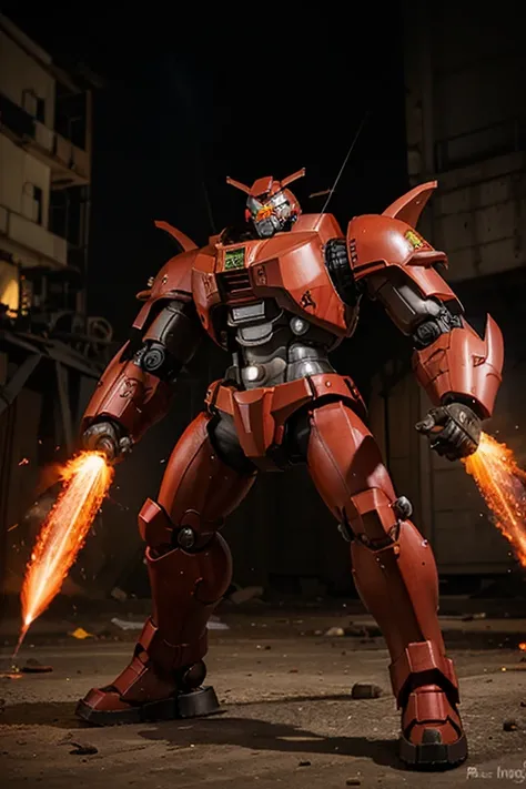 Mecha Titan red hand-held Gatling armor bulky body with flames