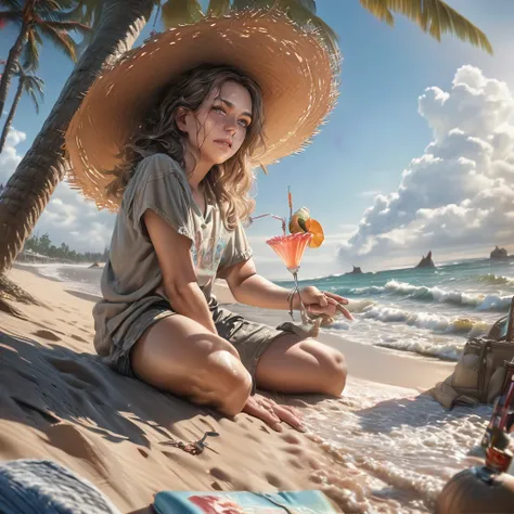 beach parties, aesthetic, extremely detailed, Spiderman, straw hat in the head, drinking a cocktail, sitting in the beach, coconut trees, waves, sands, Hyperrealistic, splash art, concept art, mid shot, intricately detailed, color depth, dramatic, 2/3 face...