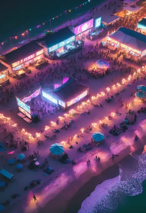 music festival on beach, from above, camp, revel, onlookers, neon lights, anime realism, Vaporwave aesthetic, (best quality, masterpiece, Representative work, official art, Professional, 8k, Ultra intricate detailed:1.3)