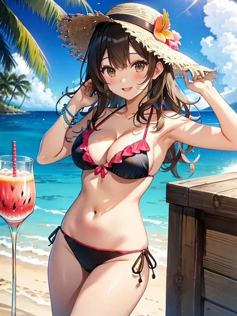 sandy beach、Palm tree、tropical juice、５girl girl、bikini、watermelon split