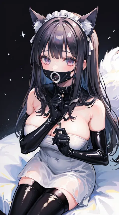 high quality, masterpiece, super detailed, 1 girl,  extremely detailed faces, gagged，gagged，Christmas black latex full body suit，black gloves，black christmas stocking tiara，gagged，BDSM,handcuffs，collar，Calm expression,Smile，handcuffs，collar，long black hair...