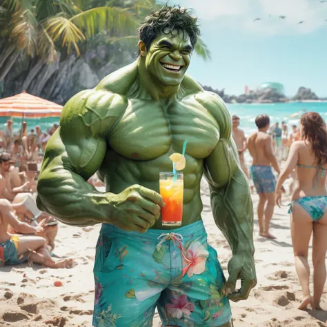 beach parties, aesthetic, extremely detailed, "The Hulk" smiling, in parties mode at a beach barbecue. In swim trunks, with a drink. Adoring -goers around. All laughing Warmth and love. Digital watercolor illustration, beautiful colourful and realistic, fa...