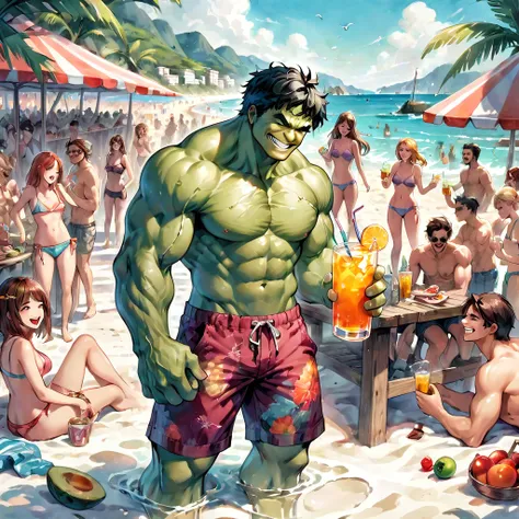 beach parties, aesthetic, extremely detailed, "The Hulk" smiling, in parties mode at a beach barbecue. In swim trunks, with a drink. Adoring -goers around. All laughing Warmth and love. Digital watercolor illustration, beautiful colourful and realistic, fa...