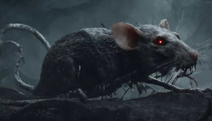 Skeleton of a rat (zombified horror rat) CU (piercing red eyes),desolated and depressing scenario in the background,Close-up let go (Blood and fire) Through the nose,Chest scales,high high quality,8K,Many details,Fire lettuce,Alas,4 legs,Spotted claws,gold...