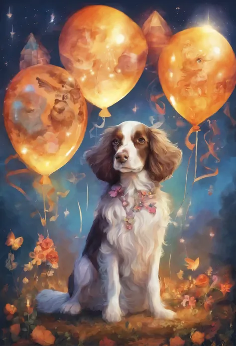 Ellie, dog breed спрингер spaniel, the sun, Vesna, marchen,  Balloons, pie, Candles