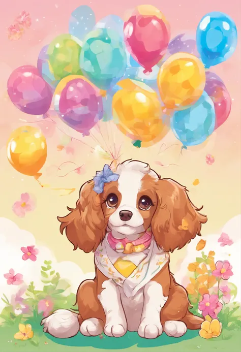 Ellie, dog breed спрингер spaniel, the sun, Vesna, marchen,  Balloons, pie, Candles