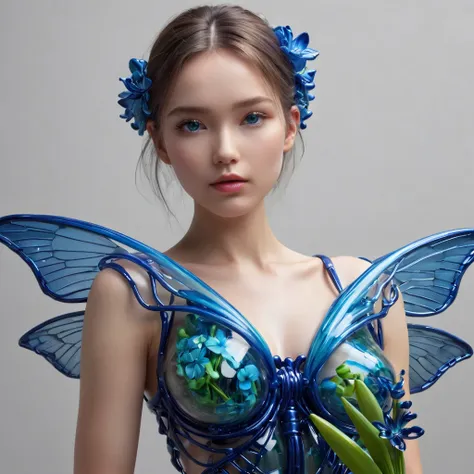 High Resolution, High Quality, Masterpiece. Hyperrealism. The winner is 35awards. Glass sculpture evoking Dale Chihulys style, captured in the essence of a Patrick Demarchelier photograph, featuring an android girl with disproportionately large, dragonfly-...