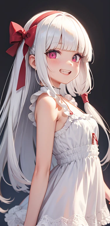 (8K、highest quality、masterpiece:1.2)、Super detailed、super resolution、Realistic、(1girl)  、(white hair)、(blunt bangs:1.5),RED eyes、(face focus,cowboy shot),(glowing eyes:1.4),(sundress:1.3)、(grin:1.3),open mouth、cute face,blush、small breasts,hair ribbon,(sim...