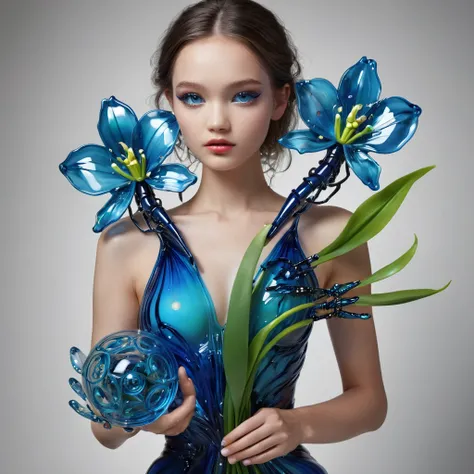 High Resolution, High Quality, Masterpiece. Hyperrealism. The winner is 35awards. Glass sculpture evoking Dale Chihulys style, captured in the essence of a Patrick Demarchelier photograph, featuring an android girl with disproportionately large, dragonfly-...