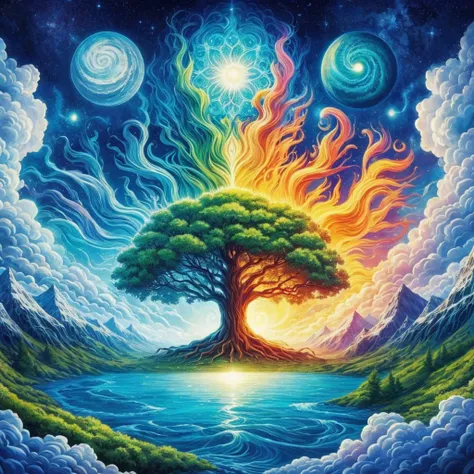 a painting of a tree with the sun and moon in the background, cosmic tree of life, cosmic tree, the World Tree, tree of Life seed of doubt, World Tree, tree of Life, magic tree, magic tree, the tree of Life, fractal trovão Dan Mumford, fantasy tree, mystic...