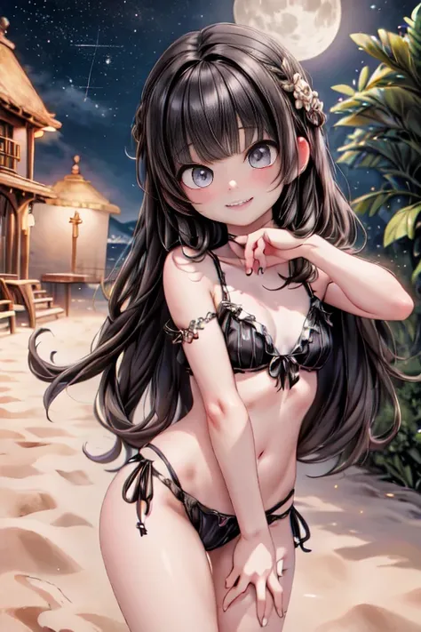 Selfie at Beach Party, a vampiress in bikini, smiling, elongated canines, beach at night, torchs, starry sky, bright moon