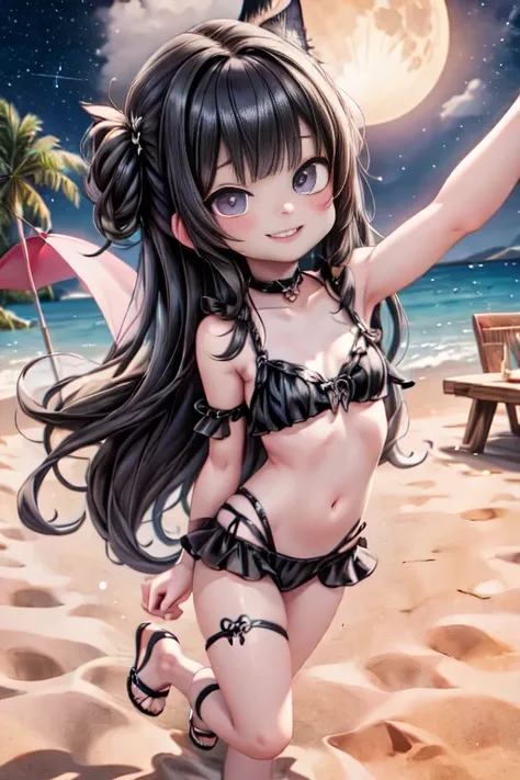 Selfie at Beach Party, a (vampiress) in goth bikini, smiling, ((elongated fangs)), sandals, beach at night, party at night, beach party, starry sky, bright moon