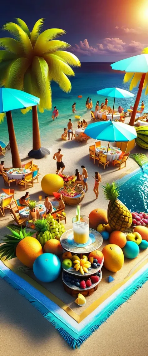 night beach party. bright colors, Detailed and intricate beach , people playing with water splashing.wave beach.coconut tree..Relaxing and happy atmosphere. Ray tracing, Vignetting, Wide-angle lens, super wide angle, best qualitycinematic lighting, depth o...