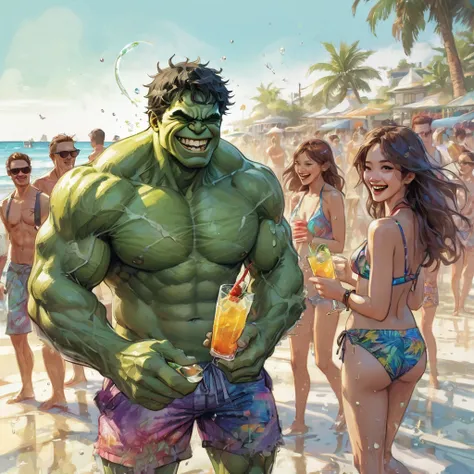 beach parties, aesthetic, extremely detailed, "The Hulk" smiling, in parties mode at a beach barbecue. In swim trunks, with a drink. Adoring -goers around. All laughing Warmth and love. Digital watercolor illustration, beautiful colourful and realistic, fa...