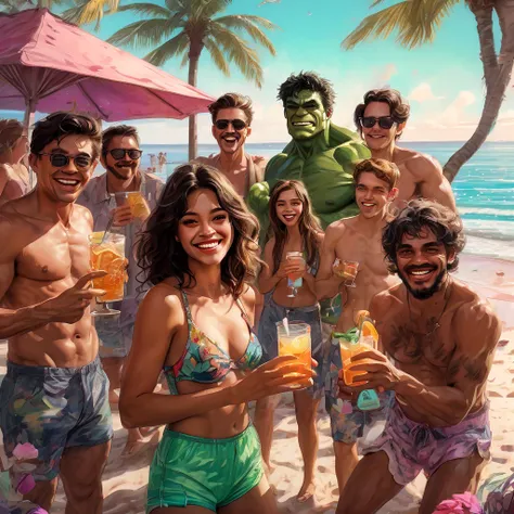 beach parties, aesthetic, extremely detailed, "The Hulk" smiling, in parties mode at a beach barbecue. In swim trunks, with a drink. Adoring -goers around. All laughing Warmth and love. Digital watercolor illustration, beautiful colourful and realistic, fa...