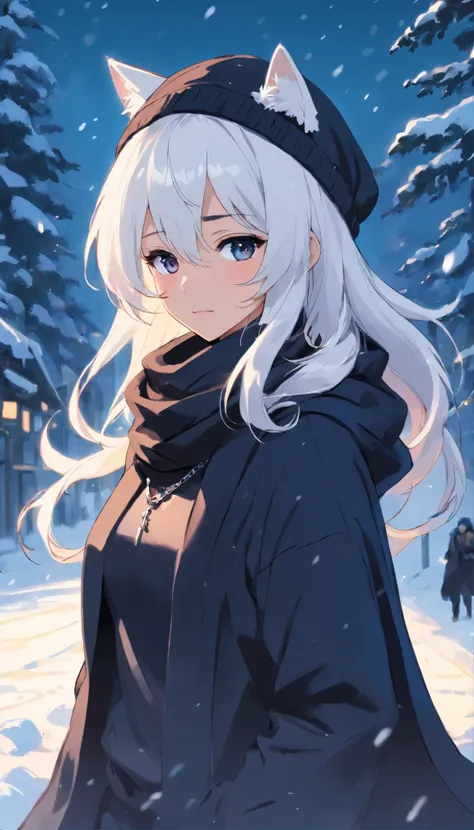  with long white hair with bangs wearing black necklace in Russia in the snow wearing black snow mask, black scarf, orelhas de gato, gorro